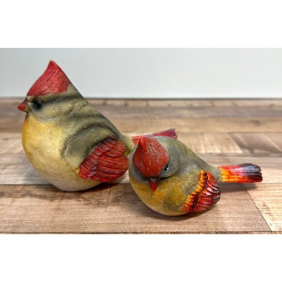 Set Of 2 Hand-Painted Cardinal Bird Figurines With Red & Yellow Detail - Picture 1 of 4